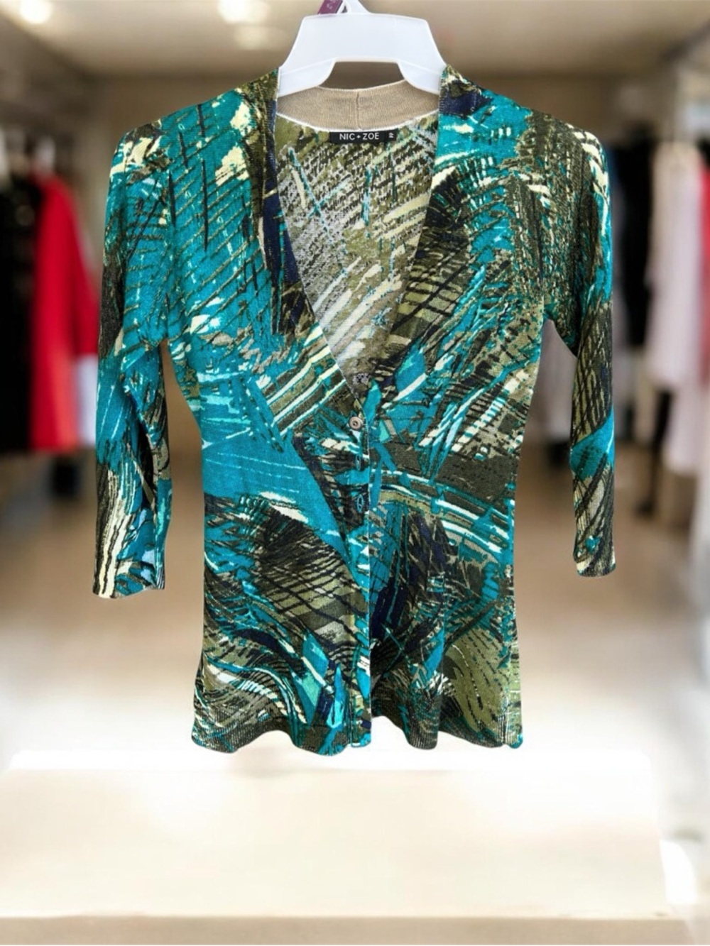 NIC+ZOE Teal and Olive Abstract Button-Front Cardigan